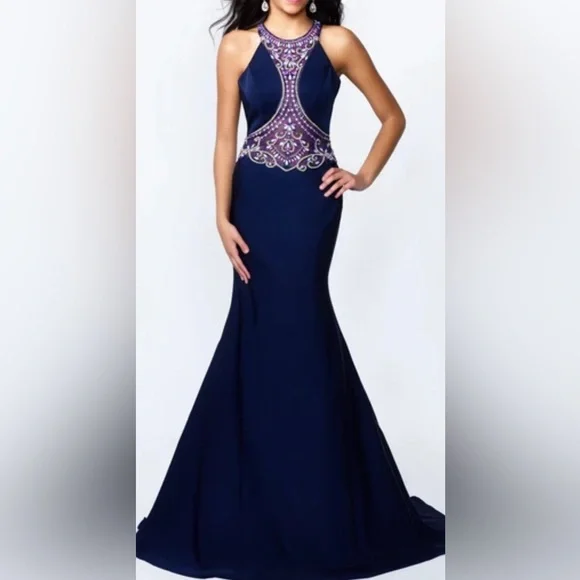 Abby Paris Formal Dress Size 8 Navy Blue Beaded Waist Train Gown AUTHENTIC NWT - Picture 2 of 15